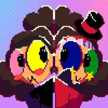 [Image ID]: Pixel art icon of Oliver [Niko cosplaying as Spamton from Deltarune] and Gulliver [Niko cosplaying as Caine from The Amazing Digital Circus] back to back looking at eachother in a purple background with blue and pink gradients at the corners.
